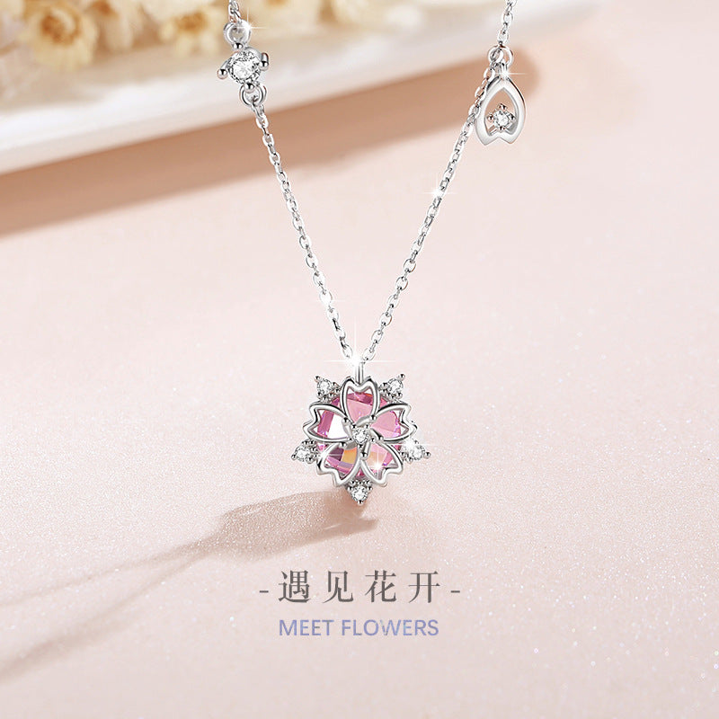 Cherry Blossom Sterling Silver 925 Necklace Female Niche Design Light Luxury Pink Zircon Clavicle Chain Get Things Ins Style Pendant
