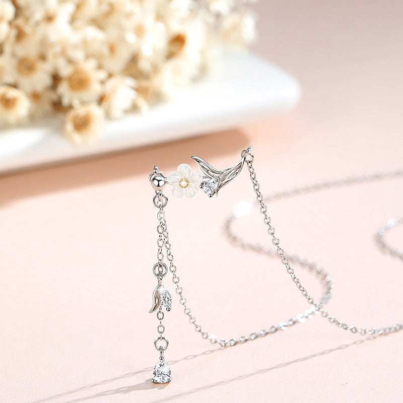 Cherry Blossom Sterling Silver 925 Necklace Women's Fashion Versatile Butterfly Zircon Clavicle Chain Ins Style Flower Tassel Necklace
