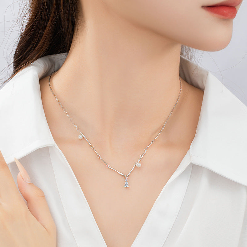 Lava Water Drop Sterling Silver 925 Necklace Women's Light Luxury High-Grade Shijia Pearl Sweater Chain Ins Style Zircon Pendant
