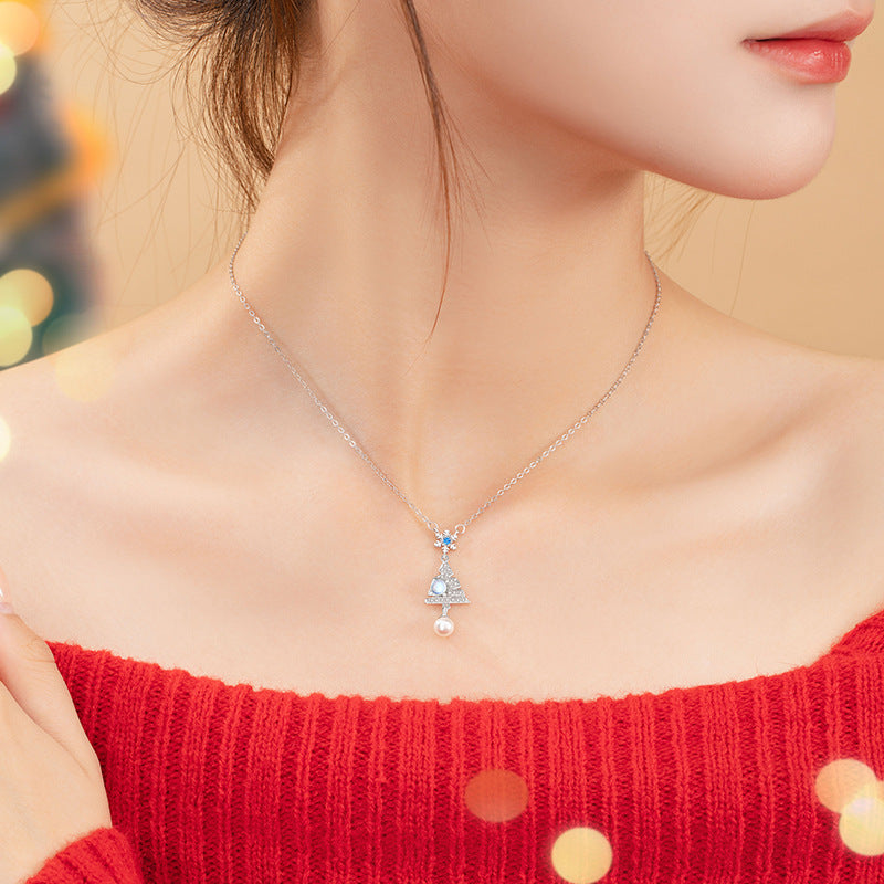 Christmas Tree Sterling Silver 925 Necklace Women's Fashion All-Match Pearl Zircon Clavicle Chain Ins Snowflake Glass Stone Pendant