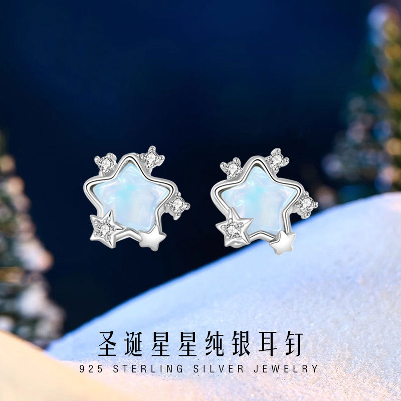 Star Sterling Silver 925 Stud Earrings Female Niche Design Light Luxury Glass Stone Earrings Christmas Ins Meteor Shower Earrings