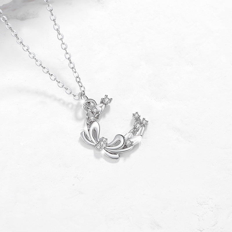 Bowknot Sterling Silver 925 Necklace Female Niche Design Light Luxury Zircon Clavicle Chain Get Things Ins Style Moon Pendant