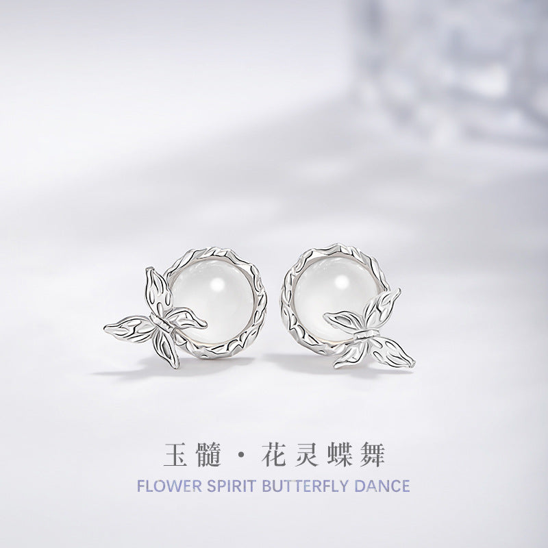 Chalcedony Sterling Silver 925 Stud Earrings Women's Fashion Niche Versatile Butterfly Earrings Ins Style Irregular Wisteria Flower Earrings
