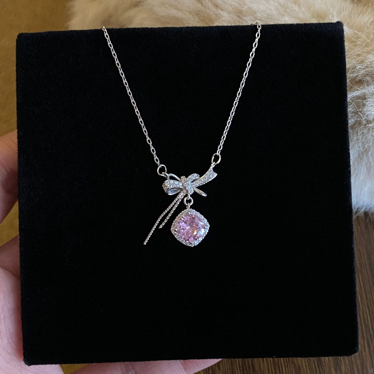 Bowknot Sterling Silver 925 Necklace Female Cute Sweet Style Zircon Clavicle Chain Ins Valentine's Day Cube Sugar Line Pendant