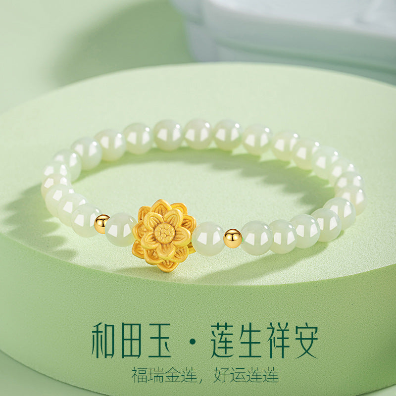 Lotus Sterling Silver 925 Bracelet New Chinese National Fashion Hetian Jade Flower Bracelet Mother's Day Gift Bracelet