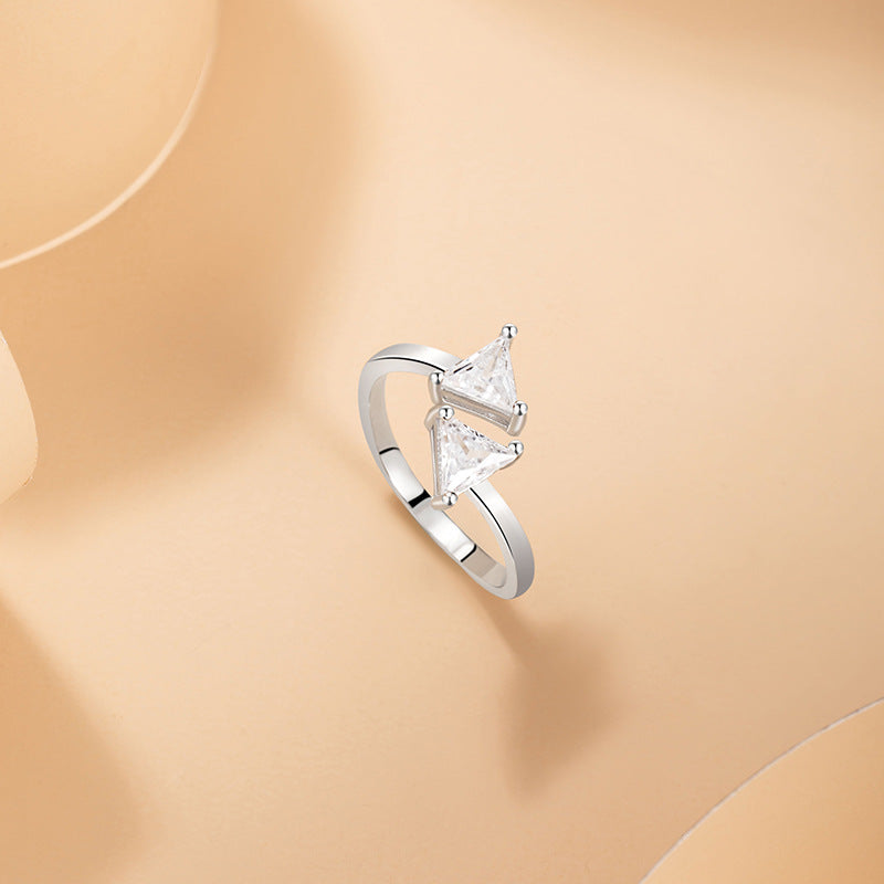 Bow Sterling Silver 925 Ring Women's Fashion Versatile Geometric Zircon Ring Ins Light Luxury Style Triangle Ring