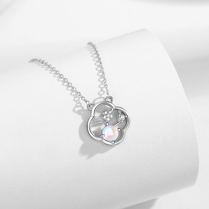 Lucky Clover Sterling Silver 925 Necklace Female Niche Design Light Luxury Flower Bud Clavicle Chain Ins Glass Stone Pendant