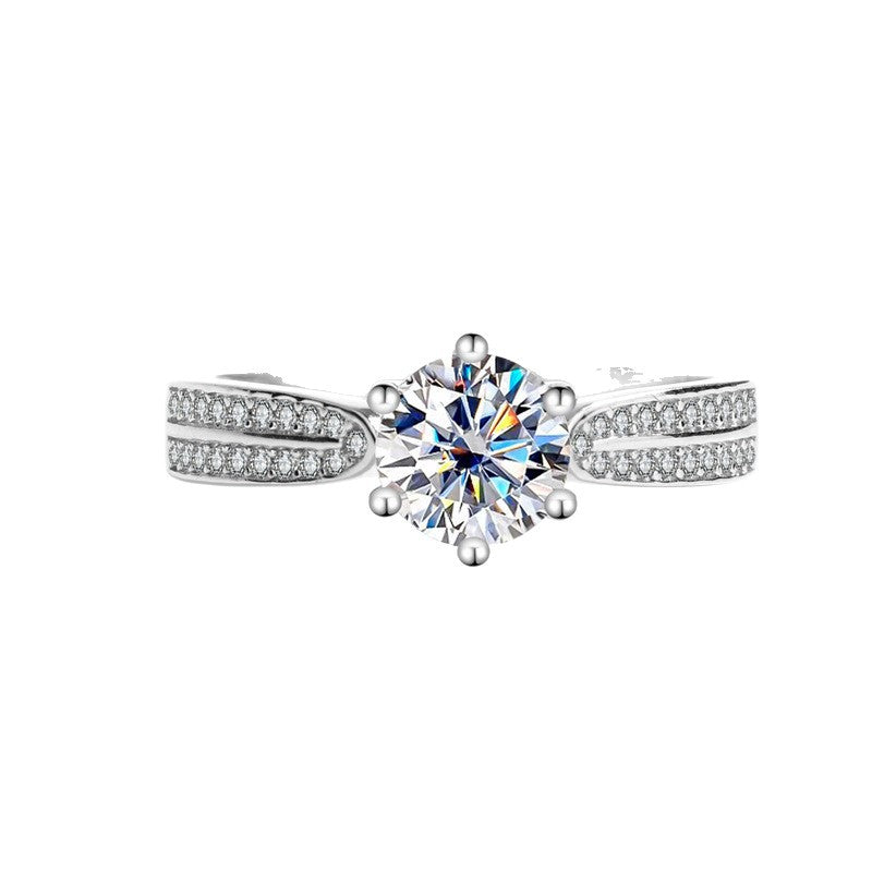 Sterling Silver S925 Diamond Ring Women's Light Luxury Fashion Moissanite Ring 1 Karat-Row Diamond Six-Claw Cross-Border Wedding Ring
