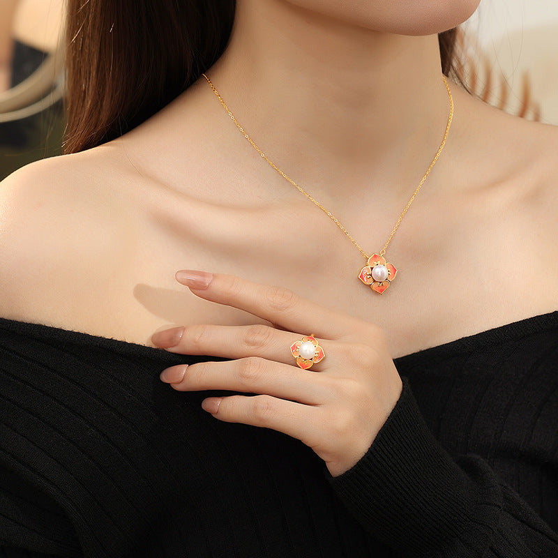 New Chinese Natural Freshwater Pearl Set S925 Sterling Silver Begonia Flower Necklace Ring Stud Earrings Enamel National Style Jewelry