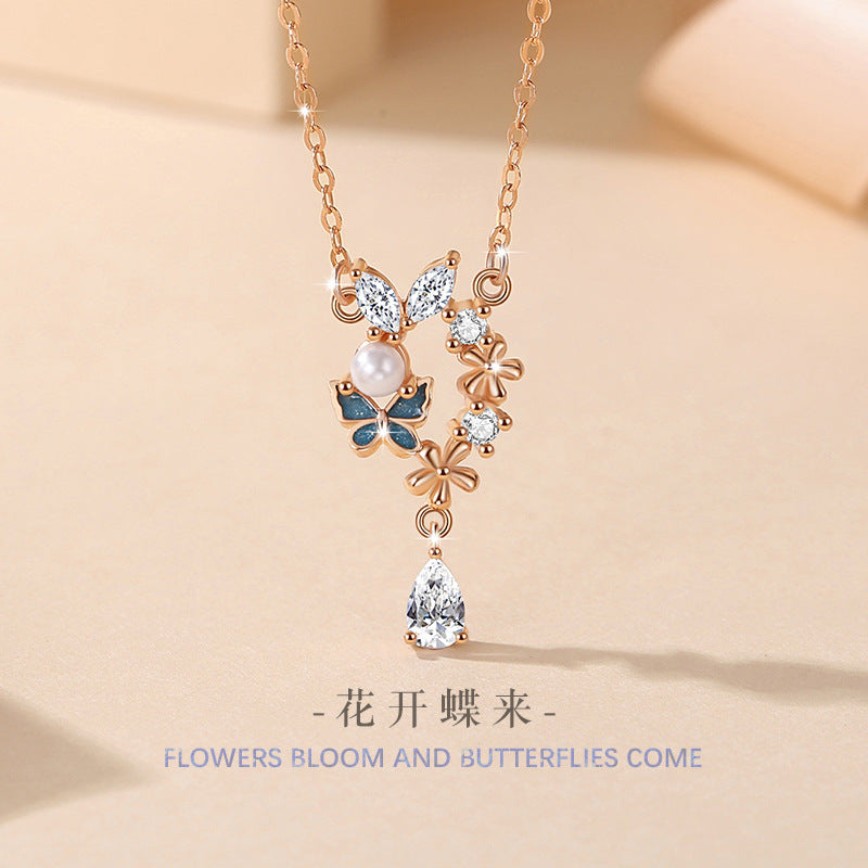 Butterfly Sterling Silver 925 Necklace Female Niche Design Light Luxury Zircon Tassel Clavicle Chain Ins Style Flower Pendant