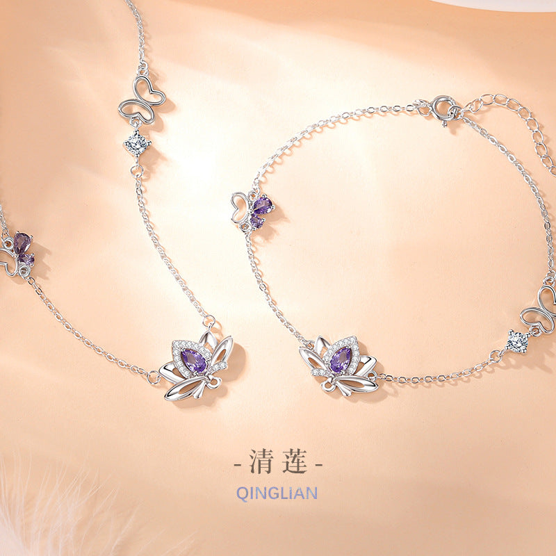Lotus Sterling Silver 925 Necklace Women's Fashion Versatile Butterfly Zircon Clavicle Chain Ins Style Good Luck Lotus Pendant