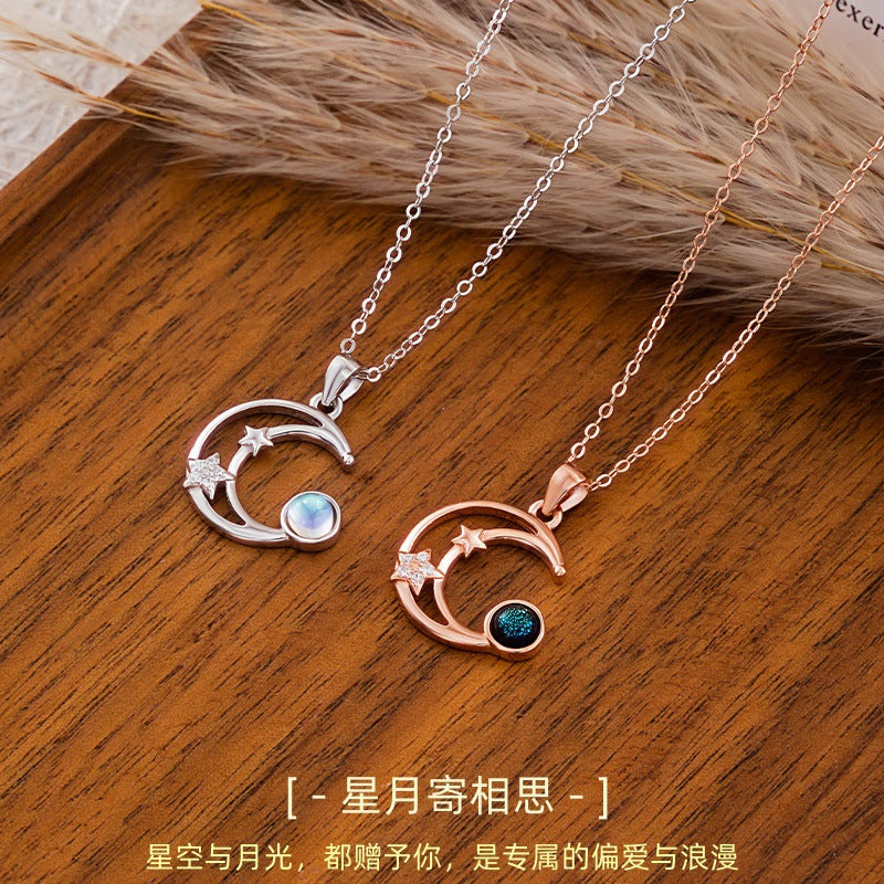 Original Design S925 Silver Star Moon Necklace Moonstone Starry Sky Stone Clavicle Chain Factory Wholesale Live Broadcast Jewelry Supply