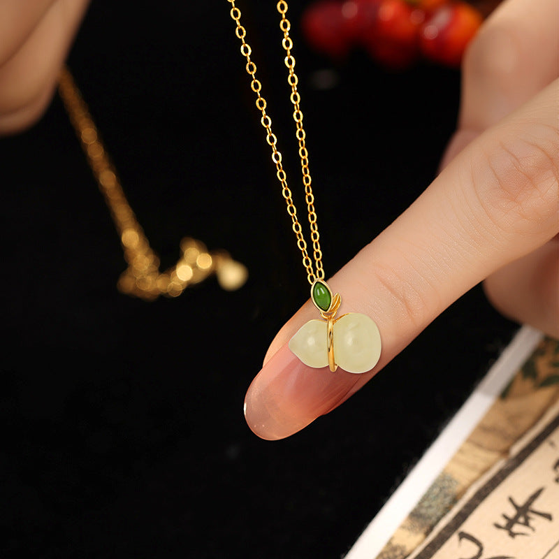 Fu Lu Double Full Sterling Silver 925 Hetian Jade Necklace Women's National Fashion New Chinese Style Jasper Clavicle Chain Ins Style Gourd Pendant
