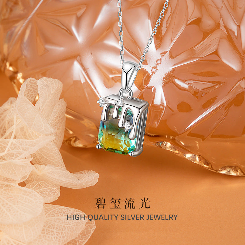 Tourmaline Streamer Necklace S925 Sterling Silver Inlaid Synthetic Tourmaline Pendant Niche Lucky Luck Clavicle Chain Light Luxury Gift