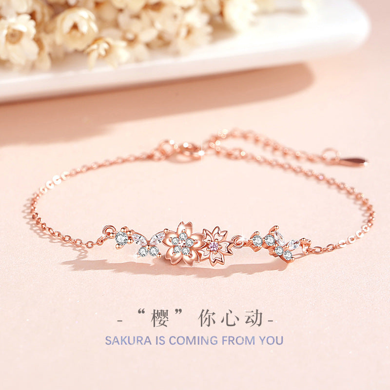 Armband aus 925er Sterlingsilber – Kirschblüte und Pfirsichblüte und Zirkonia-Akzente