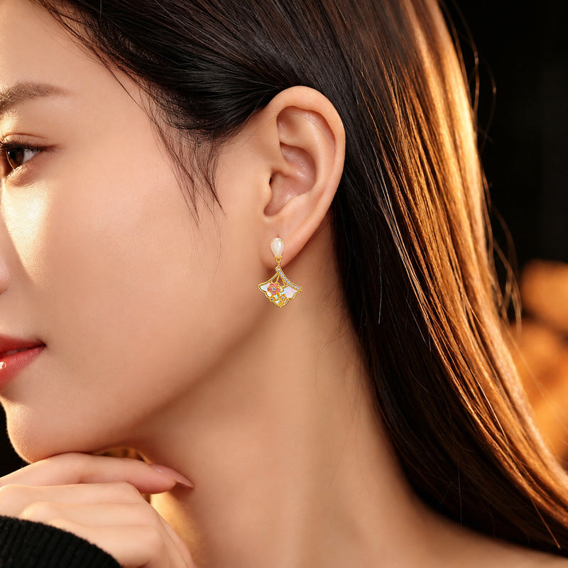 New Chinese Style Twelve Flower God Series S925 Sterling Silver Necklace Earrings Hetian Jade Fritillary Enamel Small Skirt Pendant