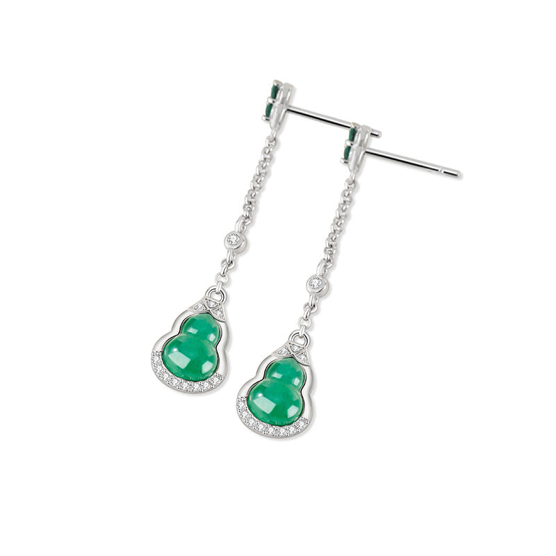 Fu Lu Double Full Sterling Silver 925 Stud Earrings Women's Light Luxury High-Grade Natural African Emerald Tassel Earrings Ins Gourd Stud Earrings