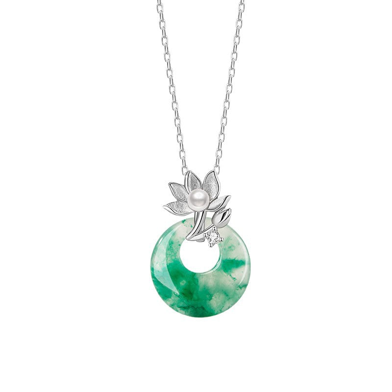 Lotus Pond Moonlight Sterling Silver 925 Necklace Women's New Chinese Natural Jade Pearl Clavicle Chain Lotus Safety Buckle Pendant