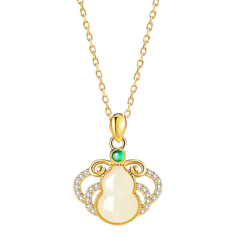 Fu Lu Double Full Hetian Jade Sterling Silver 925 Necklace Women's National Fashion Ethnic Style Clavicle Chain Green Agate Jade Gourd Pendant