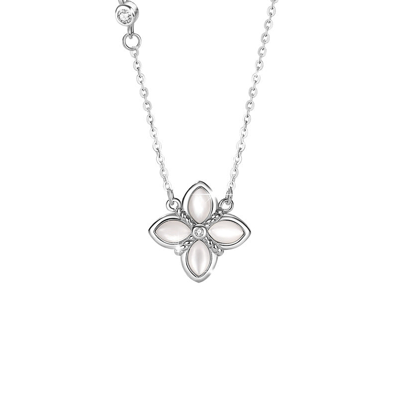 Lucky Clover Sterling Silver 925 Necklace Female Niche Design Light Luxury Zircon Clavicle Chain Ins Style Flower Pendant