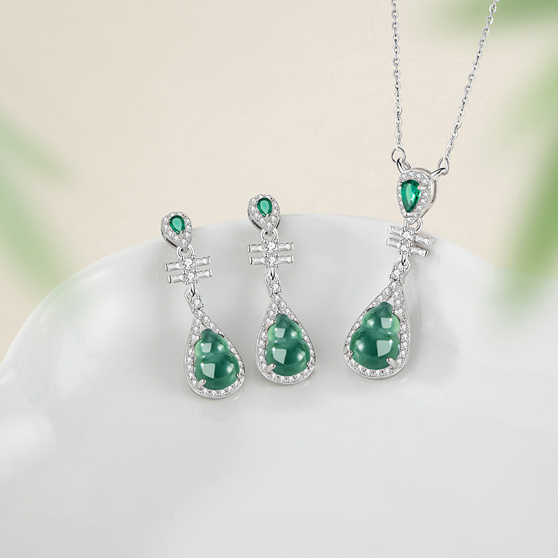 Gourd Sterling Silver 925 Necklace Women's New Chinese Style Natural Dangerous Material Blue Water Jade Clavicle Chain Ins Fu Lu Double Full Pendant
