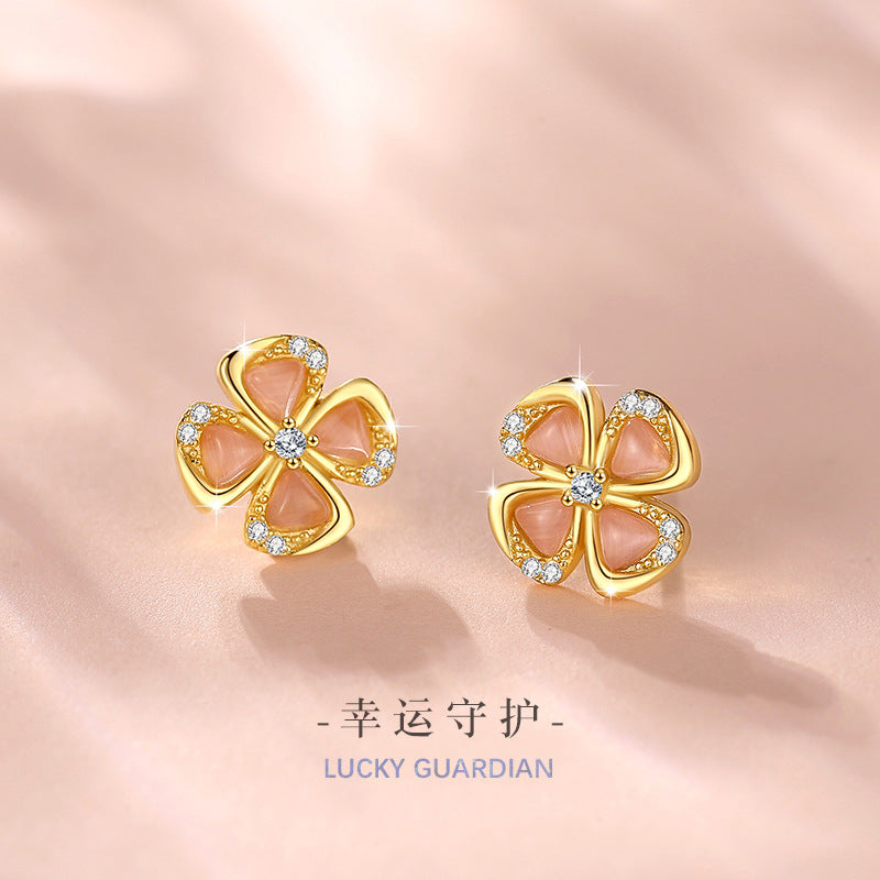 Lucky Clover Sterling Silver 925 Stud Earrings Women's Fashion All-Match Lovely Zircon Earrings Ins Style Flower Earrings