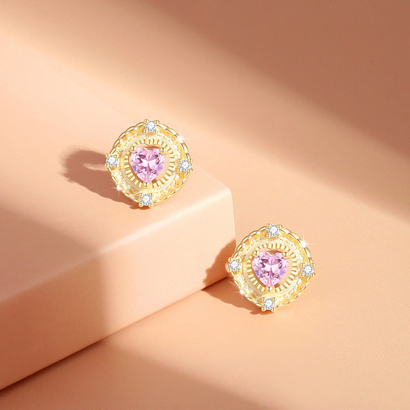 Original Heart-Shaped Sterling Silver 925 Stud Earrings Women's Light Luxury High-Grade Pink Zircon Earrings Ins Style Heart-Shaped Earrings