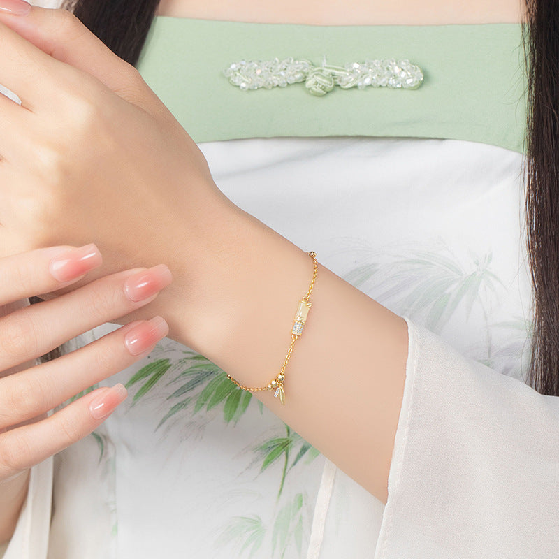 Festival High-Rise Hetian Jade Sterling Silver 925 Bracelet Women's National Fashion Light Luxury Bamboo Bracelet Ins Style Zircon Bracelet
