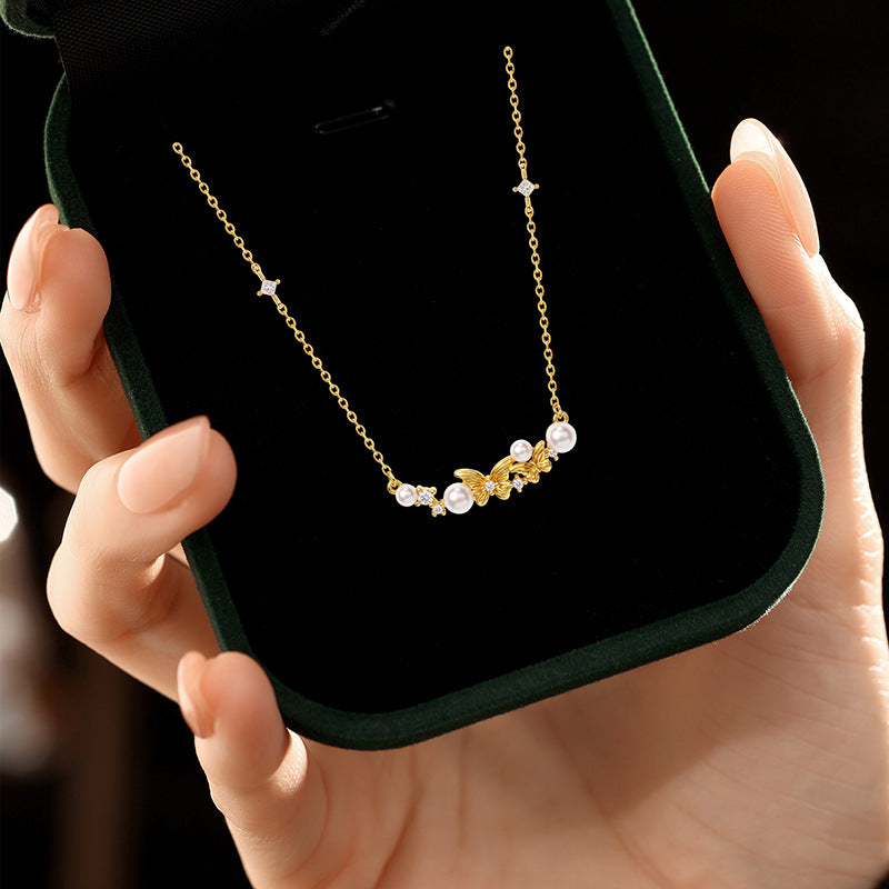 S925 Silver Necklace Bracelet Earrings Butterfly Pearl Set Women's Light Luxury High-Grade Clavicle Chain Niche Gift Jewelry