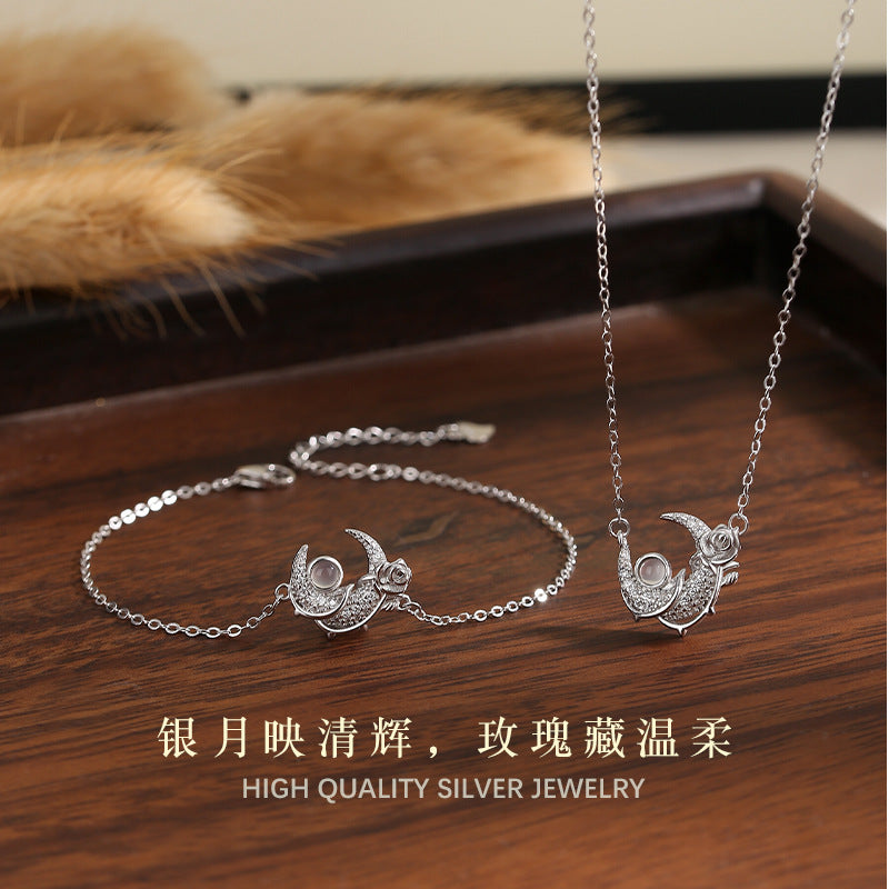 S925 Sterling Silver Rose Set Natural White Agate Star Moon Necklace Bracelet for Girlfriend Birthday Valentine's Day Gift for Women