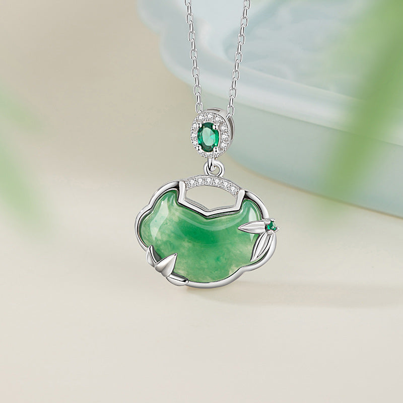 Xiangyun Ruyi Lock Sterling Silver 925 Necklace Women's New Chinese Style Natural African Emerald Bamboo Clavicle Chain Safety Lock Pendant