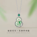 Fu Lu Double Full Sterling Silver 925 Necklace Women's National Fashion Natural African Emerald Copper Coin Clavicle Chain Ins Chalcedony Gourd Pendant