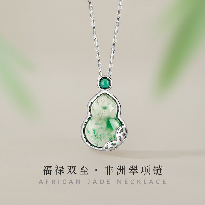 Fu Lu Double Full Sterling Silver 925 Necklace Women's National Fashion Natural African Emerald Copper Coin Clavicle Chain Ins Chalcedony Gourd Pendant
