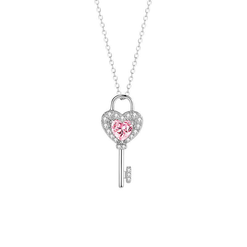 S925 Sterling Silver Heart Key Love Necklace Pink Diamond Key Pendant Light Luxury Sweet Valentine's Day Gift Clavicle Chain
