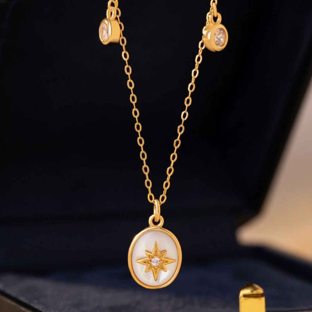 Eight Awn Star Sterling Silver 925 Necklace Women's Retro Light Luxury White Fritillary Clavicle Chain French High-Grade Star Pendant