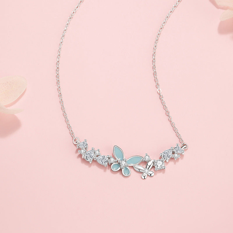 Butterfly Pure Silver 999 Luminous Necklace Female Niche Design Light Luxury Zircon Clavicle Chain Ins Style Star Pendant
