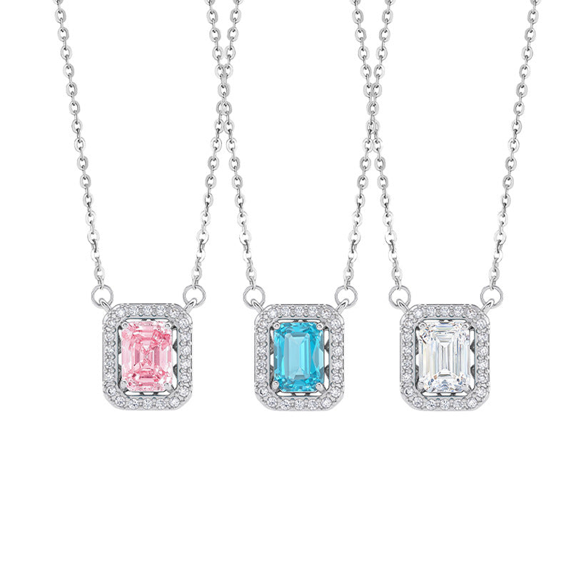 New S925 Sterling Silver Necklace Women's Light Luxury Square Sugar Diamond Gentle Wind Clavicle Chain Valentine's Day Confession Birthday Gift