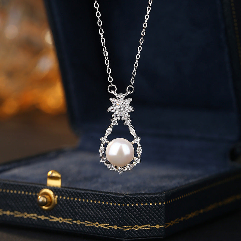 S925 Sterling Silver Freshwater Pearl Necklace Women's Court Snowflake Water Drop Pendant Retro Light Luxury Clavicle Chain Silver Jewelry Wholesale