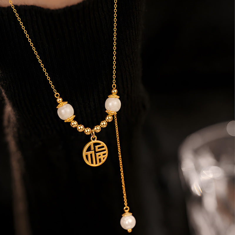 New Chinese Style Hetian Jade Lucky Brand S925 Sterling Silver Necklace Women's Double Tassel National Style Jade Clavicle Chain Silver Jewelry Factory