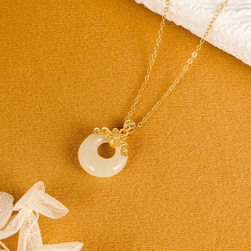 Silver Jewelry Wholesale S925 Sterling Silver Gold Plated Hetian Jade Peace Buckle Necklace Lucky Gold Buckle Xiangyun Jade Pendant Mother's Day