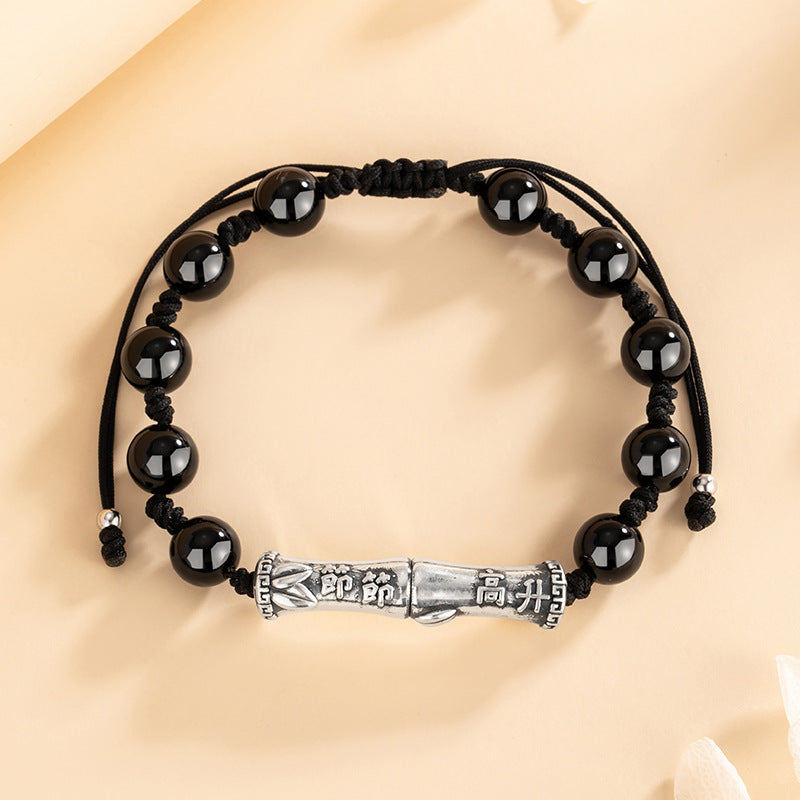 High-Rise Pure Silver 999 Couple's Bracelet New Chinese National Fashion Black Agate Bamboo Bracelet Ins Style Bamboo Bracelet