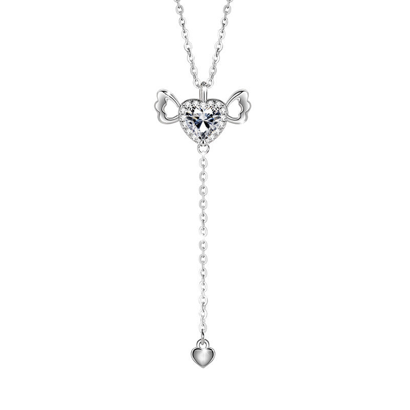 New Angel Wings S925 Sterling Silver Necklace Female UV Color-Changing Heart Stone Clavicle Chain Sweet Girl All-Match Jewelry