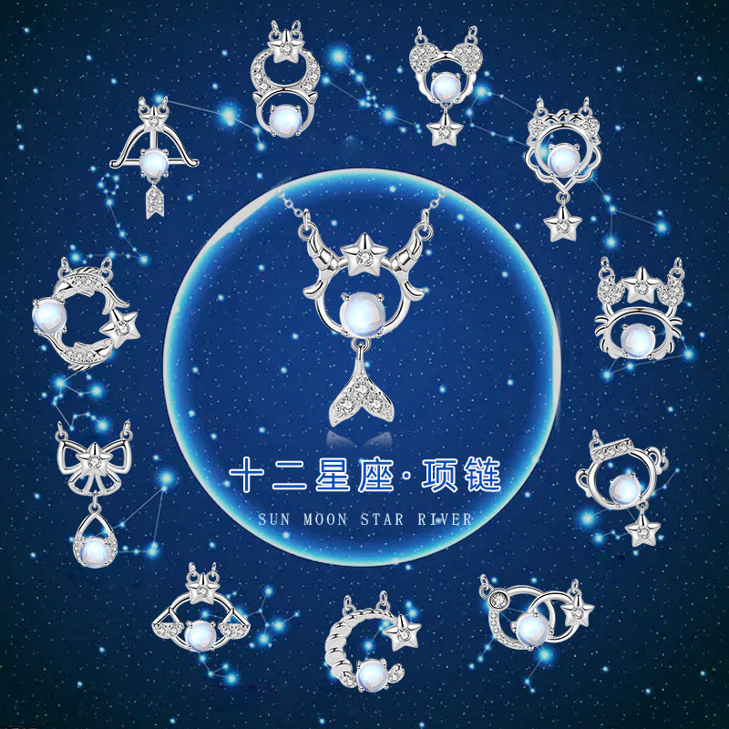 Twelve Constellation Sterling Silver 925 Necklace Female Niche Design Light Luxury Star Qixi Festival Dream Moonstone Pendant