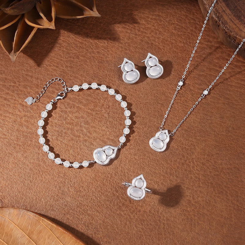 White Chalcedony Fu Lu Gourd Set S925 Sterling Silver Necklace Earrings Ring Pearl Bracelet National Fashion Style Factory Wholesale