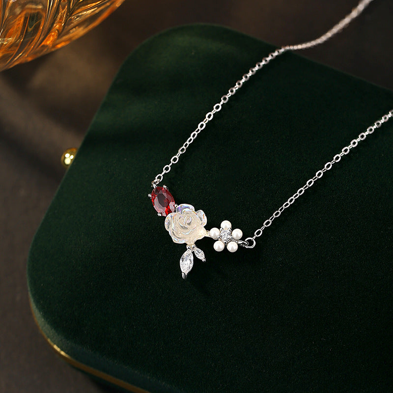 S925 Sterling Silver Necklace Female Magic Color Fritillary Rose Red Zircon Clavicle Chain High-Grade Gift for Girlfriend Girlfriend Female