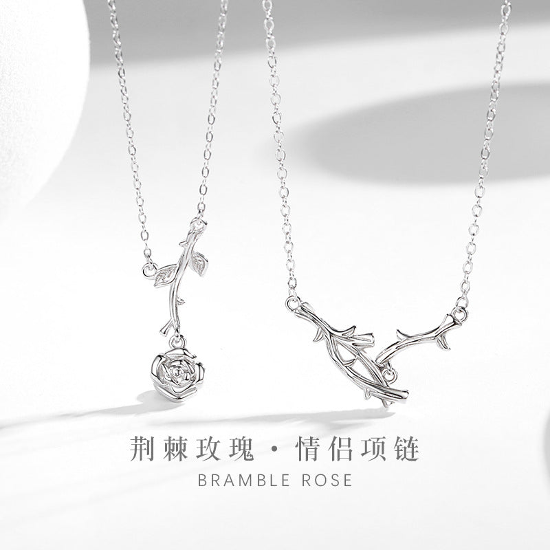 Thorn Rose Sterling Silver 925 Couple Necklace for Men and Women Mori Japanese and Korean Valentine's Day Gift Ins Style Branch Pendant