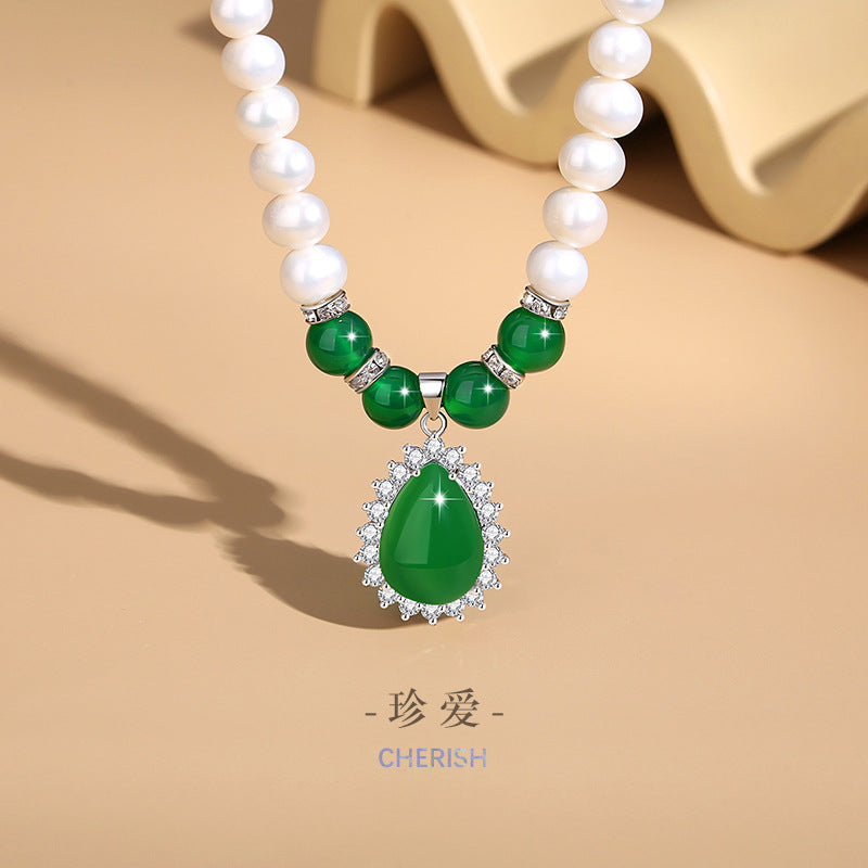 Natural Freshwater Pearl Alloy Necklace Women's Fashion All-Match Clavicle Chain Gift for Mother's Day Green Agate Pendant