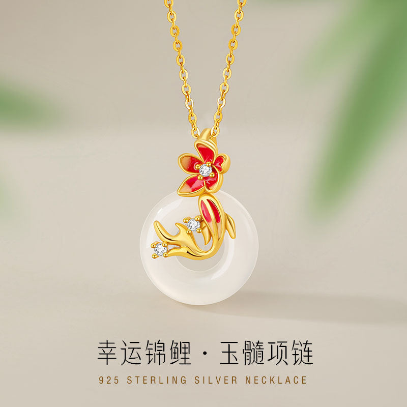 Lucky Koi Fish Sterling Silver Necklace Women's New Chinese Style National Fashion Chalcedony Flower Clavicle Chain Ins Style Safety Buckle Pendant