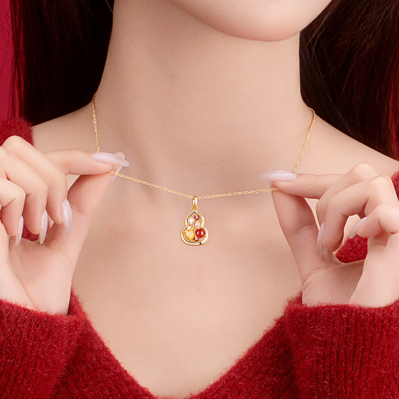 New Chinese Style S925 Sterling Silver Gourd Necklace Female Inlaid Red Agate Magic Color Fu Lu High-Grade Good Luck Clavicle Chain Female