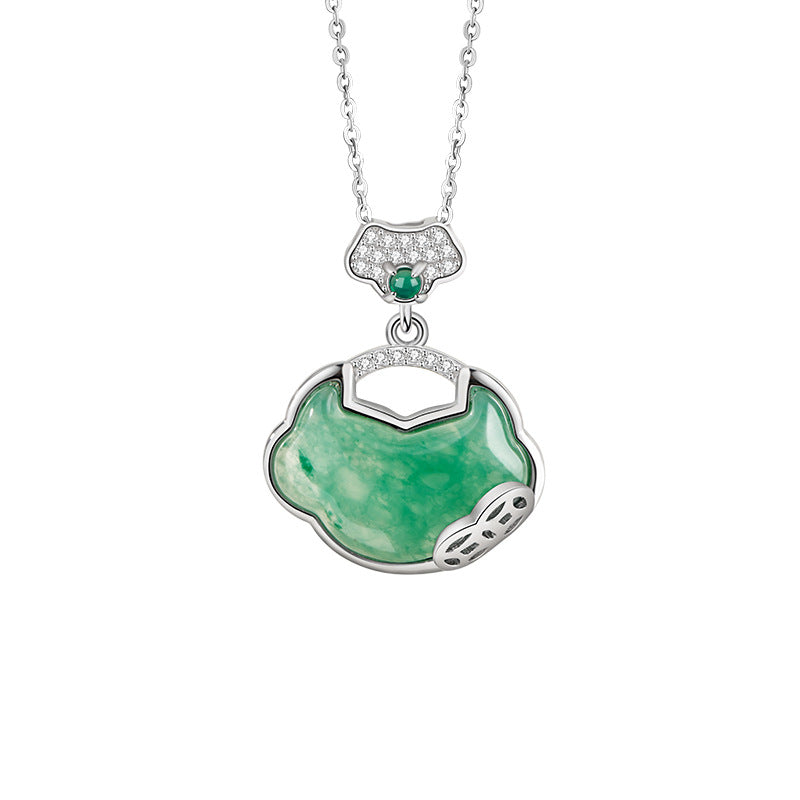 Xiangyun Ruyi Lock Sterling Silver 925 Necklace Women's New Chinese Natural African Emerald Coin Clavicle Chain Safety Lock Pendant